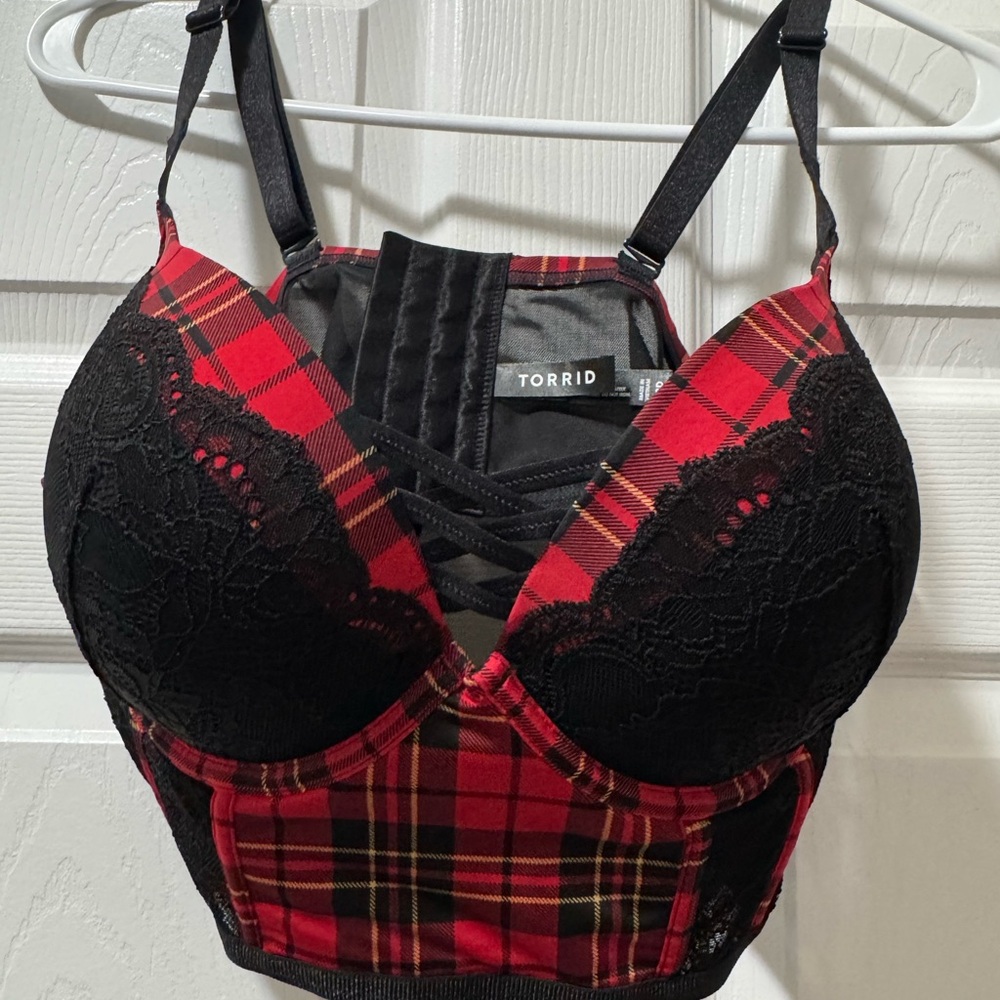Torrid Black and Red Plaid Lace Bralette